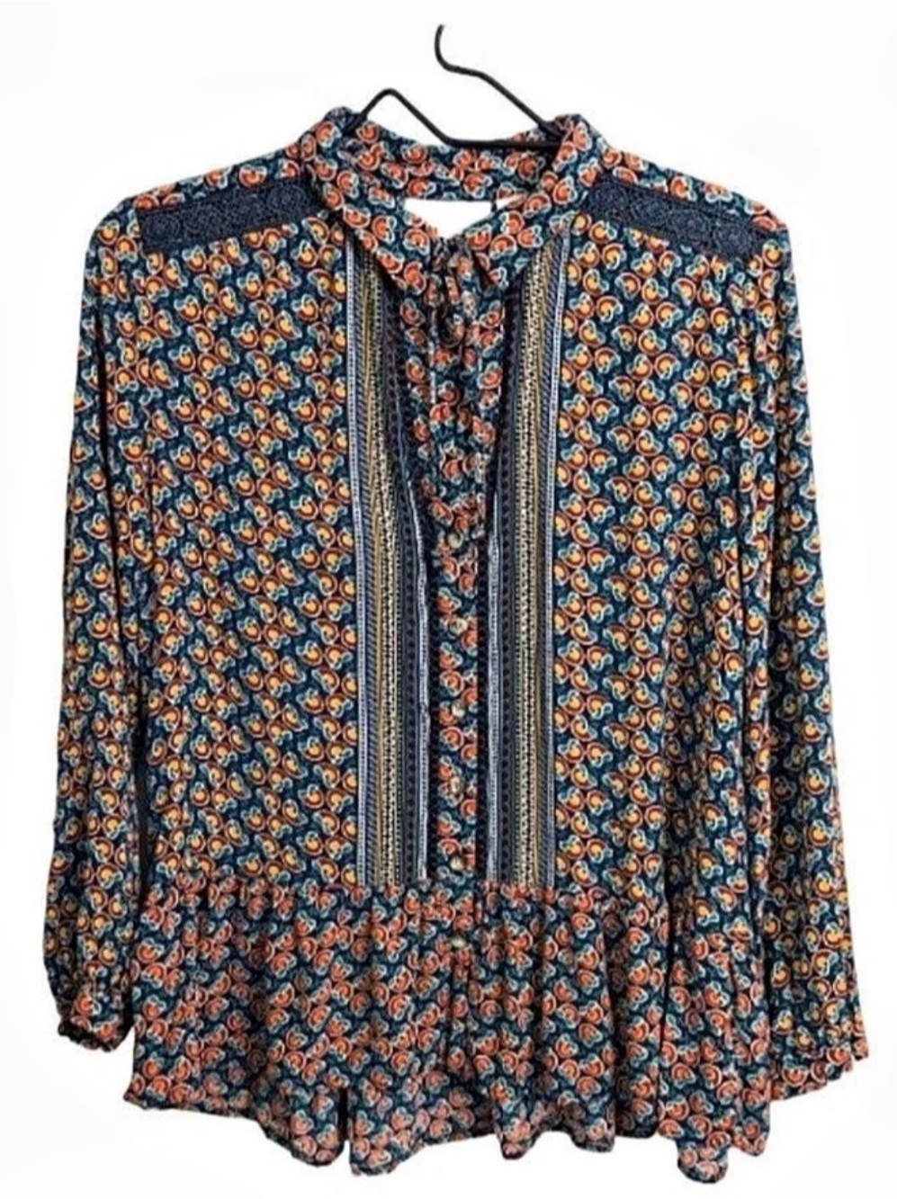 Anthropologie Burnt Orange And Navy Floral Paisley Ruffletrim Blouse Blue &